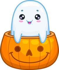 Halloween kawaii ghost character peeks out from a grinning pumpkin, radiating adorable charm and spooky fun. Isolated cartoon vector cute spook, peek a boo theme. Baby phantom sitting in jack lantern