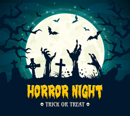 Trick or Treat horror night banner with zombie hands for Halloween holiday, vector background. Midnight cemetery with tombstones and zombie hands in grave with bats and moon for Halloween celebration
