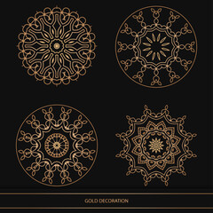 Set of 4 Luxury ornamental element design and frame gold color on black background. Design template for wallpaper. Isolated ornament. Vector Illustration.	