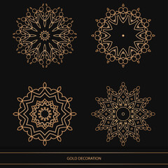 Set of 4 Luxury ornamental element design and frame gold color on black background. Design template for wallpaper. Isolated ornament. Vector Illustration.	