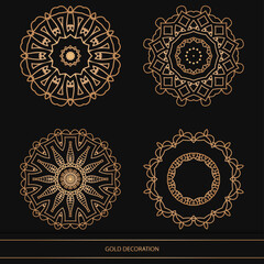 Set of 4 Luxury ornamental element design and frame gold color on black background. Design template for wallpaper. Isolated ornament. Vector Illustration.	