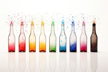 A celebratory background image for creative content, with aligned bottles from which colorful bubbles burst against a clean white background, evoking a festive mood. Photorealistic illustration