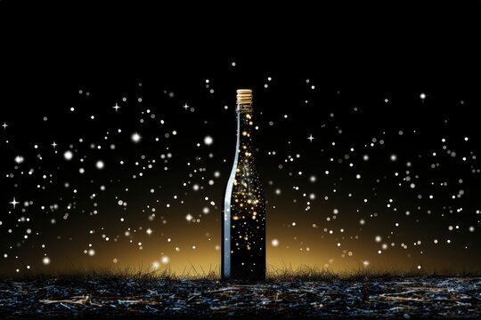 A celebratory background image for creative content, featuring a bottle of champagne set against a backdrop of stars and falling snow, creating a festive ambiance. Photorealistic illustration