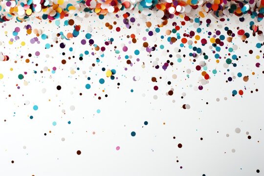A celebratory background image for creative content, with colorful round confetti falling against a pristine white background, adding a festive and joyful touch. Photorealistic illustration