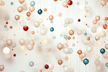 A celebratory background image, with balloons and decorations hanging against a white background, adding a festive and joyful touch to your designs. Photorealistic illustration