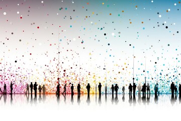 A celebratory background image, capturing people gazing upwards with colorful bubbles floating around them, evoking a sense of wonder and celebration. Illustration