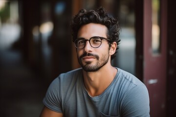 Portrait of a handsome young man with eyeglasses in urban background - obrazy, fototapety, plakaty
