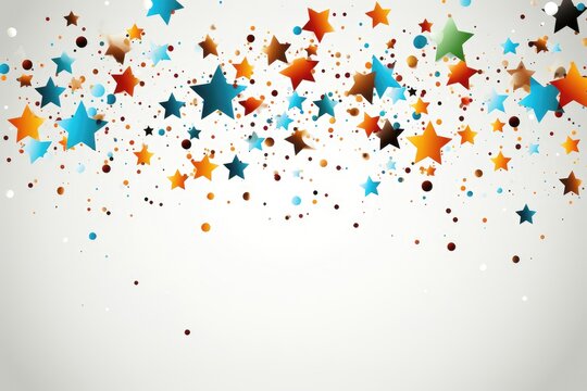 A celebratory background image designed for creative content, featuring colorful stars against a clean white background, creating a celebratory and whimsical atmosphere. Illustration