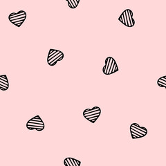 Hand Drawn Seamless Patterns with Hearts in Doodle Style.