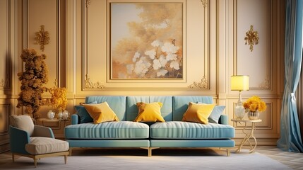 blue and yellow sofa next to the window in a classic room Modern living room interior design