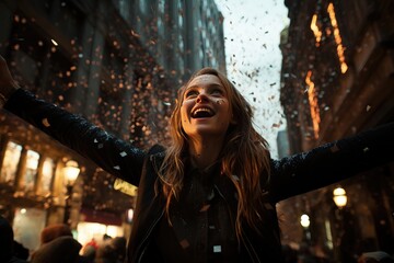 A festive background image showcasing a girl cheering with snow and confetti falling, against a softly blurred street, creating a festive and wintry atmosphere. Photorealistic illustration