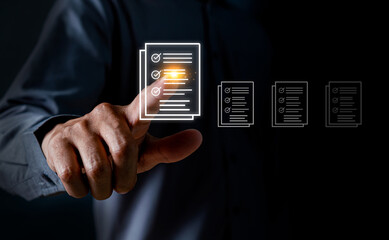 Businessman hand tick check and approve concepts. Document management, paperless. mark documents...