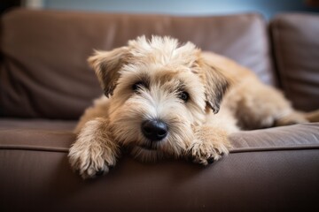 Adorable fluffy wheaten terrier dog relaxing on the couch