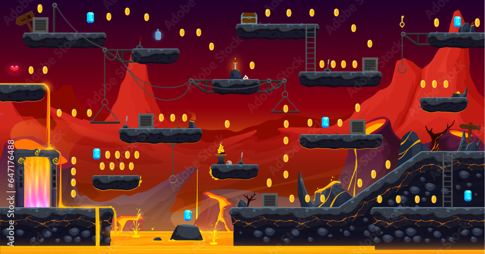Poster arcade game volcano level map with stone platforms, red lava, stairs and game items. mobile arcade s