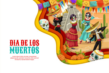 Dia De Los Muertos paper cut banner, Day of Dead Mexican holiday, vector mariachi fiesta. Dia de Los Muertos papercut Catrina calavera skulls, skeletons in sombreros and Mexican papel picado flags