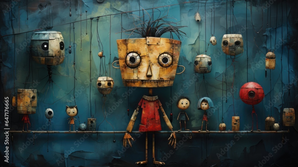 Poster a painting of a man with a face made out of various objects. fiction, made with ai.