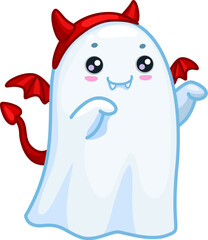 Halloween kawaii ghost character wearing red devil horns, wings and tail for a whimsical party look. Adorable cartoon cute vector baby spook combining funny elements for a charming and unique costume