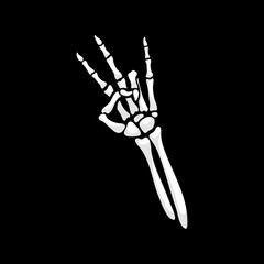 Skeleton hand forms a shocker gesture with three fingers raised and the ring finger lowered, conveying a spooky provocative vibe. Isolated vector cartoon bony arm gesticulation, body language