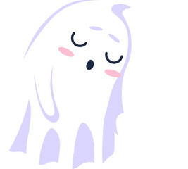 Halloween kawaii ghost sleeping, emitting gentle zzz snores. Isolated cute vector white spook peacefully slumbers, its round, innocent eyes closed. Adorable otherworldly phantom drifting in dreamland