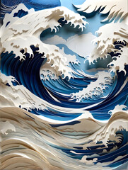 giant wave blue and white with paper layered art