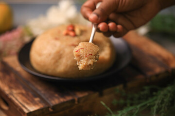 indian famous sweet halwa closeup with sekective focus and blur