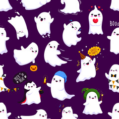 Cartoon Halloween kawaii ghost characters seamless pattern, vector background. Halloween holiday pattern with cute cheerful ghosts and happy smiling boo ghouls for trick or treat party with candles