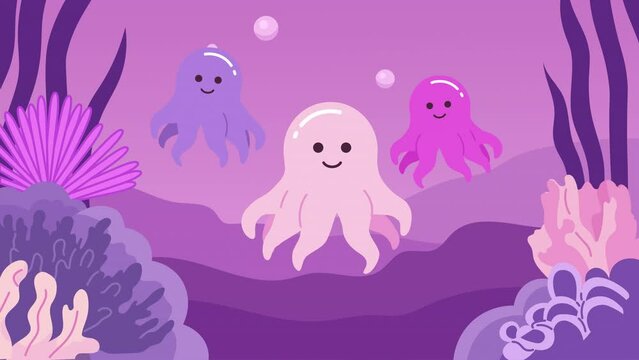 Octopuses underwater bubbles kawaii lo fi animated cartoon background. Marine life deep sea lofi aesthetic live wallpaper animation. Chibi creatures color cute chill scene 4K video motion graphic
