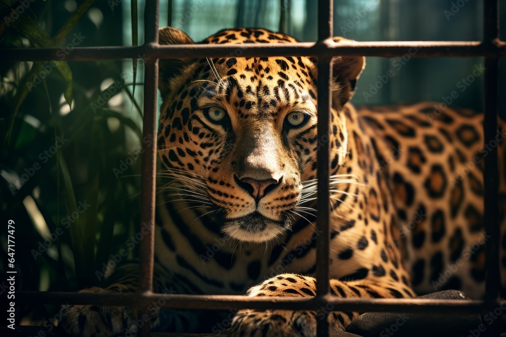 Aufkleber A caged leopard in a zoo enclosure, pacing back and forth with a restless energy.