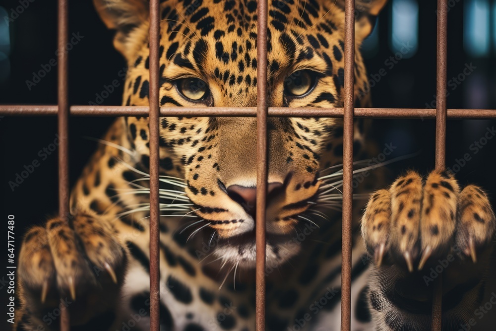 Aufkleber A caged leopard in a zoo enclosure, pacing back and forth with a restless energy.