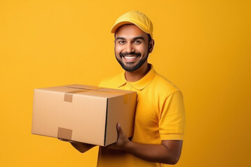 Young deliveryman or courier boy holding box in hand. - obrazy, fototapety, plakaty