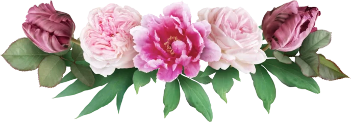 Sierkussen Pink roses, tulip and peony isolated on a transparent background. Png file.  Floral arrangement, bouquet of garden flowers. Can be used for invitations, greeting, wedding card. © RinaM