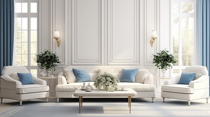 Beige and blue sofa next to the window in a classic room Modern living room interior design