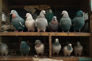 A group of pigeons in individual cages, their cooing voices echoing in a pet shop. - obrazy, fototapety, plakaty