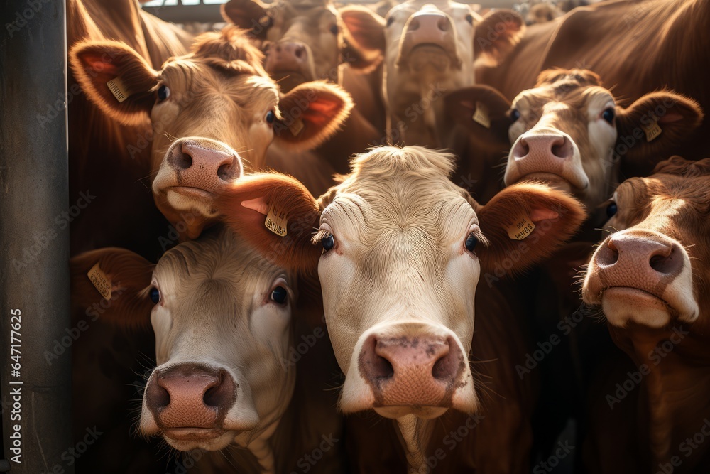 Poster a group of distressed cows in a crowded cattle pen, waiting for feeding.