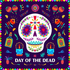 Day of the dead mexican holiday banner with sugar calavera skull and tropical flowers. Dia de los muertos vector greeting card with calaca head, burning candles, tequila bottles, maracas and jalapeno
