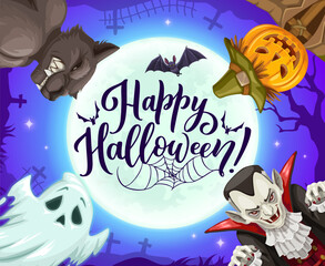 Cartoon Halloween holiday characters on night cemetery background. Vector spooky ghost, pumpkin scarecrow, scary Dracula vampire, horror werewolf and bat personages with full moon, graveyard, crosses