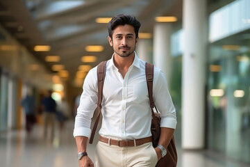 Fototapeta premium Young man in formal wear and holding bag in hand