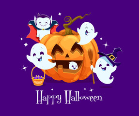 Halloween kawaii ghost characters and cartoon pumpkin. Vector background with cute funny spooks crew with sweets wearing holiday costumes of vampire and witch hat, celebrating trick or treat party