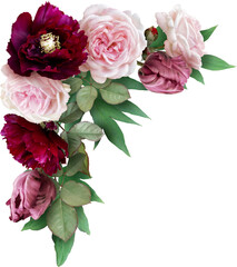 Pink roses, tulips and maroon peony isolated on a transparent background. Png file.  Floral...