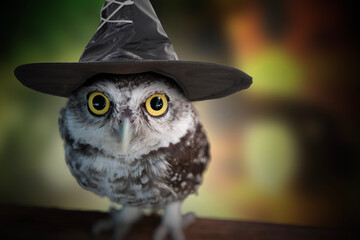 Owl with big round eyes wears a witch's hat ready for celebrates Halloween.