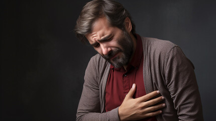 An aged man experiencing chest discomfort due to a heart attack.