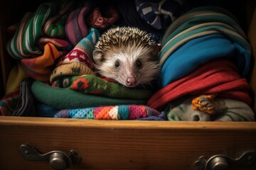 A hedgehog snuggled inside a sock drawer, curled up among colorful socks.