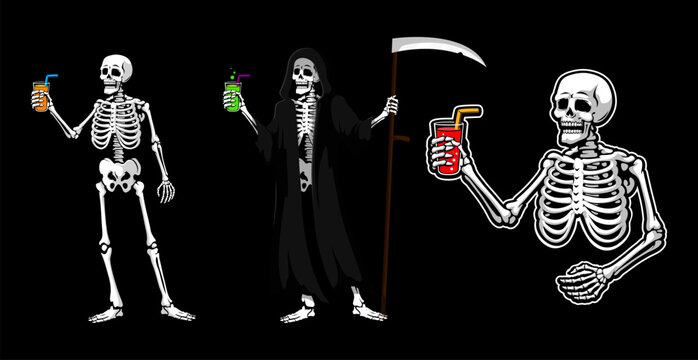 Halloween skeleton and reaper with scythe drinking cocktail. Isolated vector spooky personages sip eerie beverages, embodying the macabre spirit of the night, adding a spooky twist to the celebration