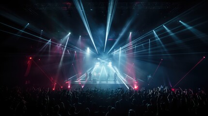A stage show with lots of lighting effects and laser beams.