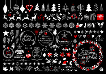 White and red Christmas Illustrations set, hand drawn vector design elements