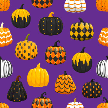 Seamless pattern of halloween painted pumpkins with holiday ornament. Vector tile background with colorful gourd plants with black, orange and white decor such as dots, rhombus, stripes or zig-zag