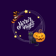 Halloween holiday frame with witch hat, black cat and pumpkin. Vector round border with horror night lettering, adorable cartoon kitten, jack lantern, spooky cobweb, stars and striped wizard hat