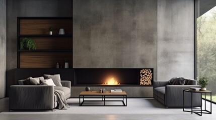 Modern minimalist living room with sofa and fireplace.