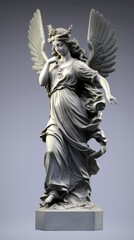 Greek goddess statue on grey background, muse sculpture with wings. Generative AI