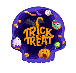 Halloween sweets paper cut banner. Vector holiday background with desserts, jack lantern and cartoon bat. 3d effect papercut frame in shape of human cranium, with trick or treat candies and lollipops